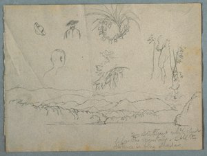 Kresba, břeh řeky s horami a mraky, tři botanické skici a studie poprsí mužů s klobouky, 1853 od Frederic Edwin Church