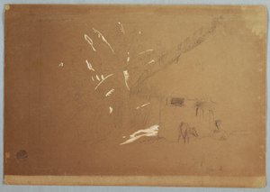 Kresba, Sedící žena a pasoucí se osel před domem poblíž Jorje, Ekvádor, 23. června 1857 od Frederic Edwin Church