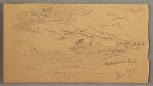 Kresba, Ostré vrcholky hor, zatažená obloha, červen 1874 od Frederic Edwin Church