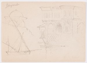 Kresba, Náčrtky kopulovité stavby, lodi a honosného domu, leden 1868 od Frederic Edwin Church