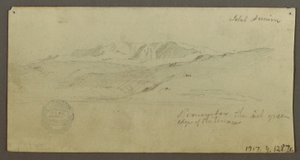 Kresba, honosný dům, postava na koni, velbloud, architektonické studie, palma, pravděpodobně 1868 od Frederic Edwin Church