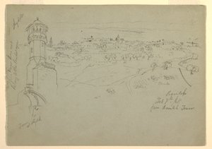 Kresba, Věž v Lyddě a Ramleh při pohledu z Ramlehské věže, Palestina [Ramleh, Izrael], 7. a 10. února 1868 od Frederic Edwin Church