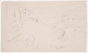 Kresba, Pohled přes kopce a rovinu směrem k horám, údolí El Yemen, únor 1868 od Frederic Edwin Church