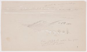 Kresba, Pohled přes kopce a rovinu směrem k horám, údolí El Yemen, únor 1868 od Frederic Edwin Church