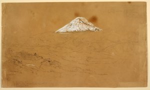 Kresba, Pohled na zasněženou horu Chimborazo nakreslenou poblíž Guanojo a Guaranda, Ekvádor, 12. června 1857 od Frederic Edwin Church
