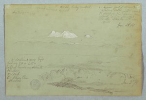 Kresba, Pohledy na sopku Artisana z Quita nebo z jeho blízkosti a oblačná obloha nad horským hřebenem, Ekvádor, 23. června 1857 od Frederic Edwin Church