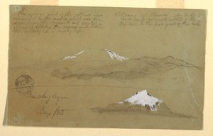 Kresba, Pohledy na sopku Puresé, Kolumbie a horu Sincholagua, Ekvádor, 9. srpna a září 1853 od Frederic Edwin Church