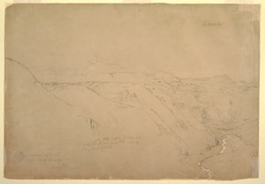 Kresba, Sopka Puresé a Rio de Vinagre, Purese, Kolumbie, srpen 1853 od Frederic Edwin Church