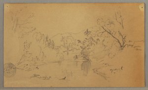 Kresba, Klikatá řeka v zalesněném údolí, Vermont, říjen 1865 od Frederic Edwin Church
