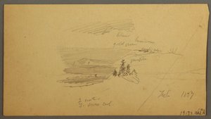 Kresba, zalesněný vrchol kopce, kopcovité údolí, slunce, leden 1866 od Frederic Edwin Church