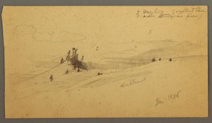 Kresba, zalesněný vrchol kopce, kopcovité údolí, slunce, leden 1866 od Frederic Edwin Church