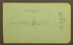 Kresba, kopce, kostel, most; Verso: postava, kříž, kostel, 1883 od Frederic Edwin Church