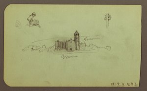 Kresba, kopce, kostel, most; Verso: postava, kříž, kostel, 1883 od Frederic Edwin Church
