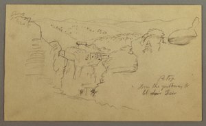 Skica. Pohled na Khirbet en Wasara "Petra / z části do / El Deir" od Frederic Edwin Church