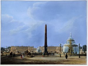 Pohled na Luxorský obelisk a fontány, Place de la Concorde – v „Paříži 1832“ od Martense. Ed. Weith a Hauser.