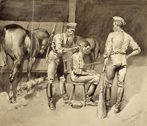 Stříhání ve stáji kavalerie od Frederic Remington