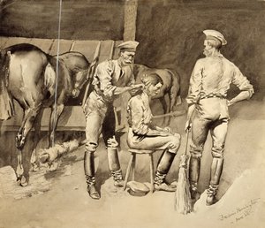Účes v jízdní stáji, kolem roku 1893 (wc na papíře) od Frederic Remington