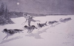Francouzský lovce kožešin v Kanadě se psy husky na zamrzlém jezeře od Frederic Remington