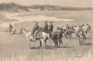 On the Head-Waters--Burgess Finding Ford, ca. 1893. od Frederic Remington