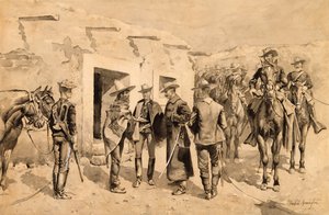 US Cavalry Hunting Garza Men na Rio Grande, kolem roku 1892 (wc na papíře) od Frederic Remington