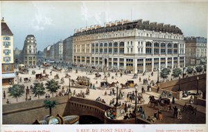 Vnější pohled na La Belle Jardiniere, rue du pont neuf v Paříži v 19. století. Rytina Frederica Sorrieu (1807 -?)