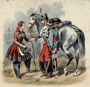 Francouzská armáda a její cantinieres: Hussard a cantiniere de troupe de line. Rytina Frederica Sorrieu (1807 -?)