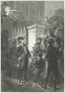 Generál Daumesnil čelí pařížskému davu před Chateau de Vincennes během francouzské revoluce v roce 1830 (rytina)