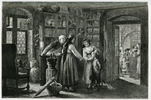 U lékárníka ve vesnici Kaysersberg (nebo Kaisersberg, Alsasko), pohotovostní konzultace. Rytina od F. Lixe k ilustraci příběhu „Alsasko a Lotrinsko“, v roce 1884, od Charlese Grada (1842-1890), německého zástupce, spisovatele a přírodovědce. Hospoda od Frederic Theodore Lix