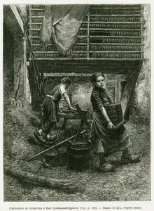 Dětská práce při briketování, Barr. Rytina od Lixe, k ilustraci příběhu A Through Alsace and Lorraine, v roce 1887, Charles Grad, německý zástupce, v tour du monde 1888, režie Edouard Charton (1807-1890), Hachette, Paříž. od Frederic Theodore Lix