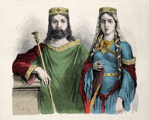 Clovis (481-511) král franků se svou druhou manželkou královnou Saint Clotilde (Clothilde). Gravírování od Lixe.