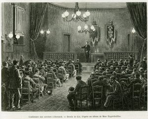Konference pro pracovníky dílen Dollfus Mieg v Dornachu. Rytina od Lixe k ilustraci příběhu A Through Alsace and Lorraine, Charles Grad, německý zástupce, v roce 1885, v tour du monde 1886, režie Edouard Charton (1807-1890), Hache od Frederic Theodore Lix
