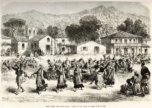 Lidový tanec na návsi Haggia Anna (sv. Anna). Rytina podle kresby Lixe, pro ilustraci plavby v Řecku, od Henri Belle, v letech 1861-1868-1874, publikovaná v „“Le tour du monde“““ 1876, editoval Edouard Charton, vydání Hachette, Paříž od Frederic Theodore Lix