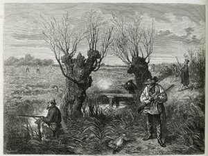Lov zajíce. Rytina od F. Lixe, k ilustraci příběhu „Through Alsace and Lorraine“, v roce 1884, Charles Grad od Frederic Theodore Lix