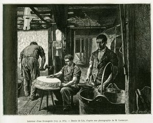 Uvnitř sýrárny. Rytina od Lixe, k ilustraci příběhu A Through Alsace and Lorraine, Charles Grad, německý zástupce, v roce 1885, v tour du monde 1887, pod vedením Edouarda Chartona (1807-1890), Hachette, Paříž.