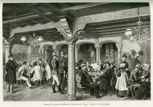 Interiér taverny Tiefenkeller ve Štrasburku. Rytina od Lixe, k ilustraci příběhu A Through Alsace and Lorraine, v roce 1887, Charles Grad, německý zástupce, v tour du monde 1888, režie Edouard Charton (1807-1890), Hachette, Paříž. od Frederic Theodore Lix