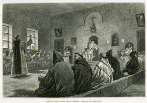 Setkání kapituly mezi trapisty z Oelenbergu. Rytina od Lixe k ilustraci příběhu A travers l