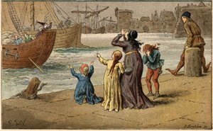 Populární píseň: „A Nantes est coming““. Děti truchlí nad svým mořem, které odnesl námořník. Ilustrace (detail) Frederica Theodora Lixe (1830-1897) v „“ Chansons et rounds enfantines des provincis de la France““ od Frederic Theodore Lix
