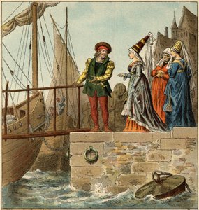 Populární píseň: „A Nantes is coming““. Ilustrace (detail) Frederica Theodora Lixe (1830-1897) v „“Dětské písně a kolečka z provincií Francie““ od Frederic Theodore Lix