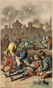 Populární píseň: „Byl to velkovévoda z Maine““. Smrt vévody z Maine, probodnutý šípem. Ilustrace Frederica Theodora Lixe (1830-1897) v „“ Chansons et rounds enfantines des provincis de la France““ od Frederic Theodore Lix