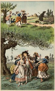 Populární píseň: „Byly jsme tři dívky““. Ilustrace Frederica Theodora Lixe (1830-1897) v „“Dětské písně a kolečka z provincií Francie““ od Frederic Theodore Lix