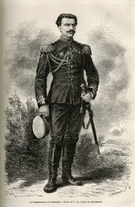 Portrét cestovatele a vypravěče podplukovníka Prjewalského, kresba F. Lixe k ilustraci cesty do Mongolska a země Tangutů v letech 1870 až 1873, od podplukovníka Prjewalského. Rytina v Le tour du monde od Frederic Theodore Lix