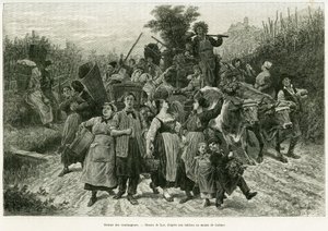 Návrat úrody. Rytina od Lixe, k ilustraci příběhu A Through Alsace and Lorraine, v roce 1887, Charles Grad, německý zástupce, v tour du monde 1888, režie Edouard Charton (1807-1890), Hachette, Paříž. od Frederic Theodore Lix