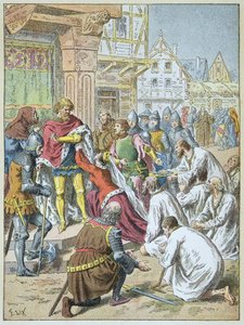 Obléhání Calais Edwardem III. v letech 1346 - 1347. Královna Filipa de Hainaut prosila svého ženicha, aby udělil měšťanům z Calais. od Frederic Theodore Lix