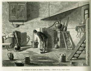 Destilace třešně na zámku Isenburg. Rytina od Lixe, k ilustraci příběhu A Through Alsace and Lorraine, v roce 1887, Charles Grad, německý zástupce, v tour du monde 1888, režie Edouard Charton (1807-1890), Hachette, Paříž.