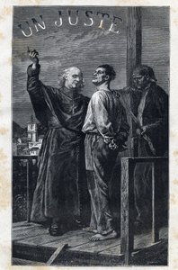 Předvečer Myriel doprovází rozsudek smrti, který se vyšplhá na lešení - Ilustrace Frederica Theodora Lixe (1830-1897) pro „The Miserables - First Part: Fantine“ od Victora Huga (1802-1885) 1862 od Frederic Theodore Lix