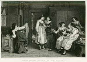 Starý alsaský kostým. Rytina od Lixe, podle obrazu Present de Noces od Pabsta, k ilustraci příběhu A Through Alsasko a Lotrinsko, od Charlese Grada, německého zástupce, v roce 1885, v tour du monde 1887, pod vedením Edouarda Chartona (1807 od Frederic Theodore Lix