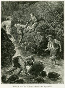 Rybáři pstruhů ve Vogézách. Rytina od Lixe, k ilustraci příběhu A Through Alsace and Lorraine, Charles Grad, německý zástupce, v roce 1885, v tour du monde 1887, pod vedením Edouarda Chartona (1807-1890), Hachette, Paříž.