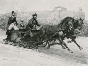 Sáně s modrou hedvábnou sítí, aby se zabránilo sněhu rozstřikovat okupanty, Kreml v pozadí od Frederic de Haenen
