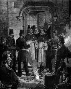 Vyhoštění dominikánů z Rue de Jean de Beauvais v Paříži po dekretech z března 1880 přijatých Julesem Ferrym a odebrání práva vyučovat členy nepovolených náboženských kongregací: čtení aktu oznámení dekretů R. P. Mercimu od Frederic de Haenen