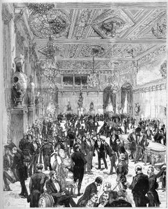 Inaugurace hotelu de Ville de Paris dne 14. července 1882, přestavěného po požáru v roce 1871: pohled do místnosti městské rady při příjezdu prezidenta Julese Grevyho (1807-1891). Rytina De Haenen a Dosso v „“The Illustrous World”” č. 1321 z 22. července od Frederic de Haenen